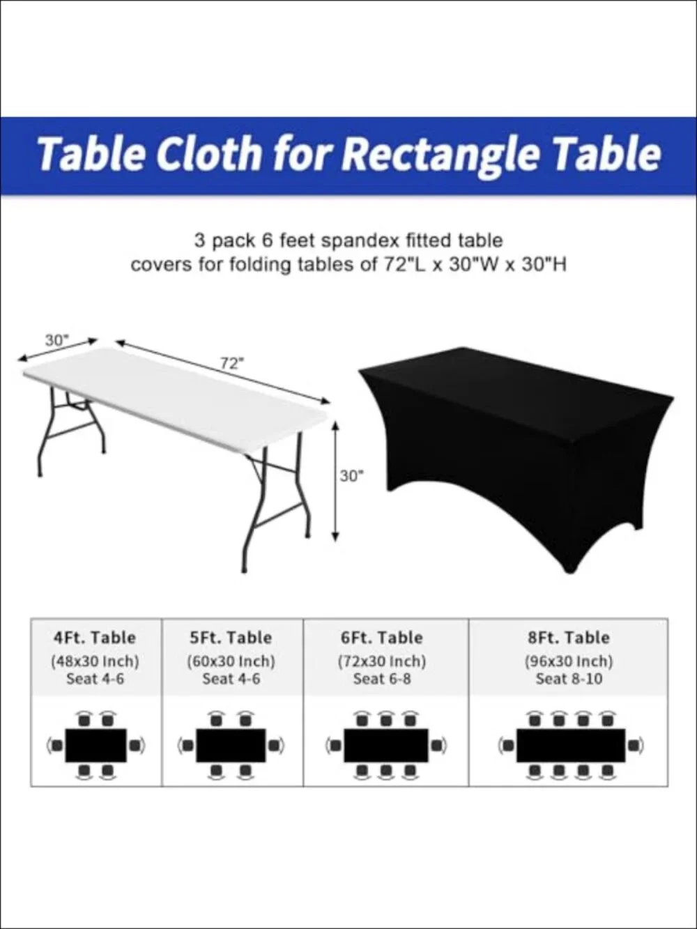 Spandex Fitted Table Cover 6ft Rectangular Stretch Tablecloth for Events